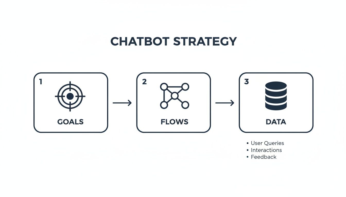 A flowchart outlining chatbot strategy, showing three steps: Goals, Flows, and Data (user queries, interactions, feedback).