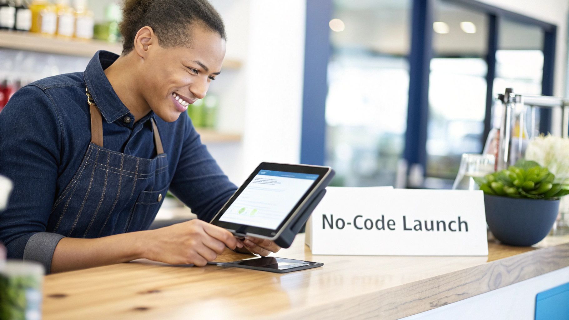 Smiling service worker uses a digital tablet at a cafe counter, featuring a 'No-Code Launch' sign.