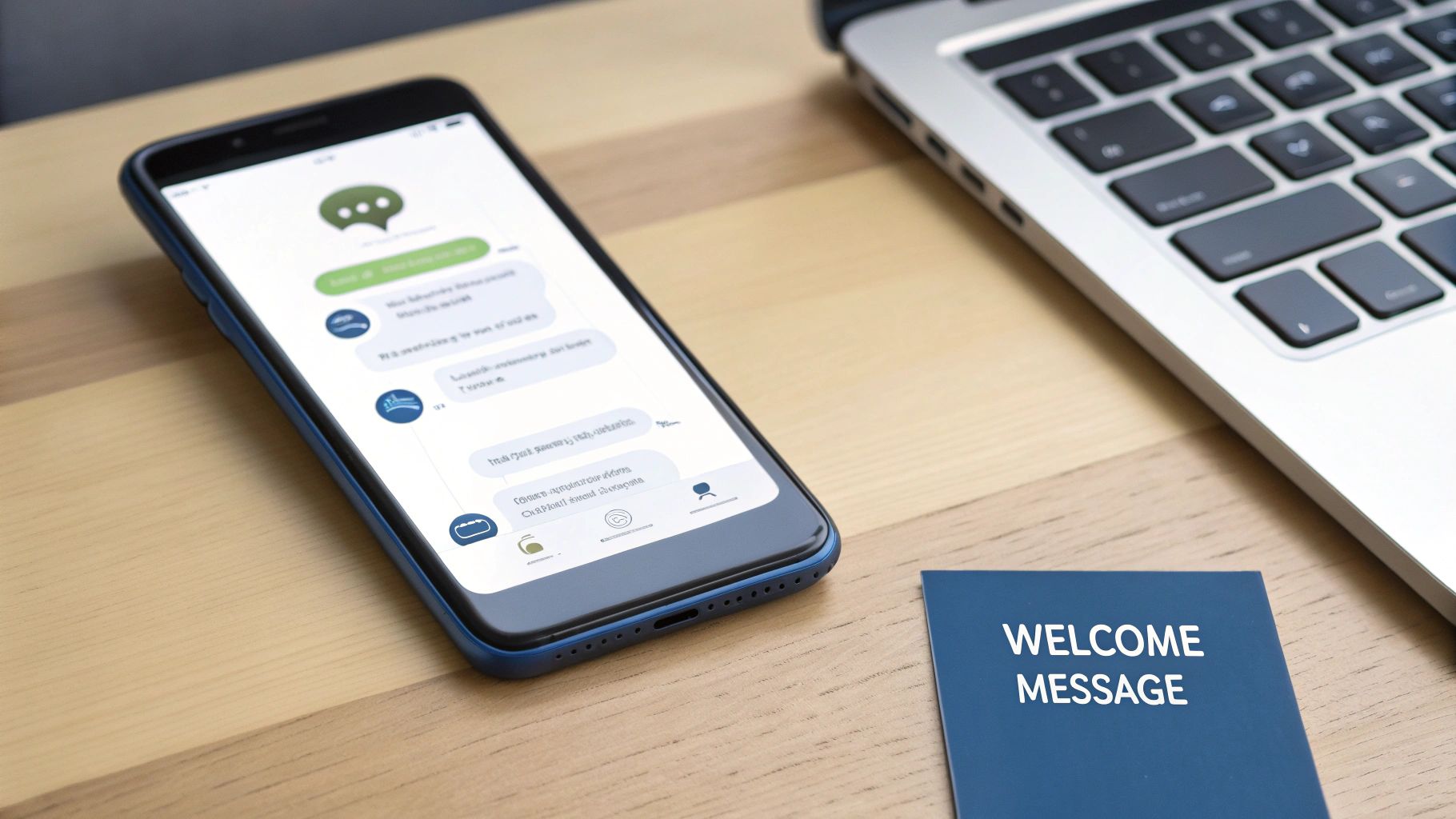 A smartphone displaying a chat interface, a laptop, and a welcome message card on a wooden desk.