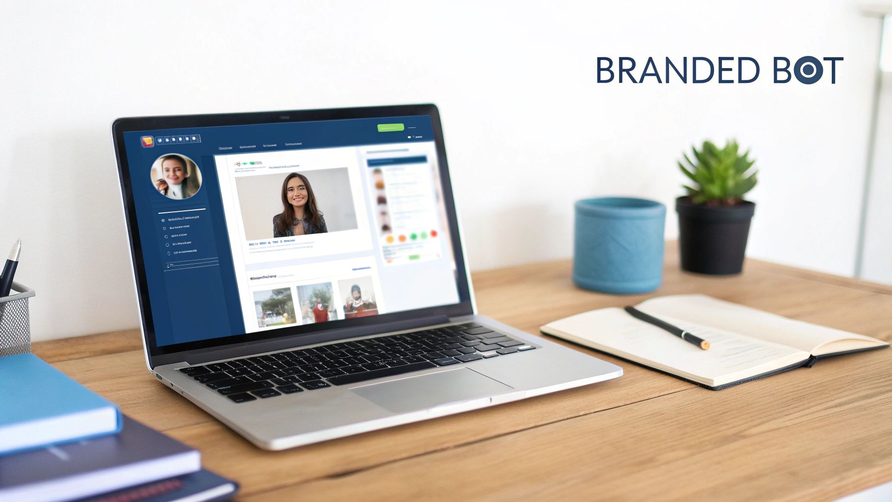 A chatbot widget being customized with brand colors and an avatar on a computer screen.