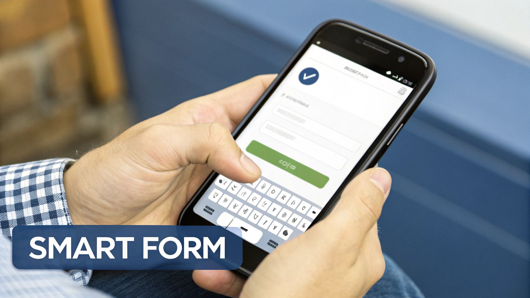 Close-up of hands typing on a smartphone displaying a digital form with 'SMART FORM' overlay.