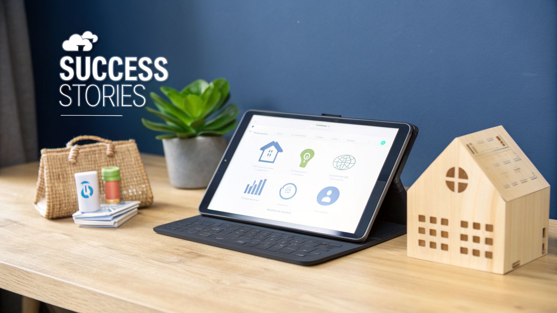 A tablet on a wooden desk displaying an app with various icons, next to a wooden house model, with 'SUCCESS STORIES' text overlay.
