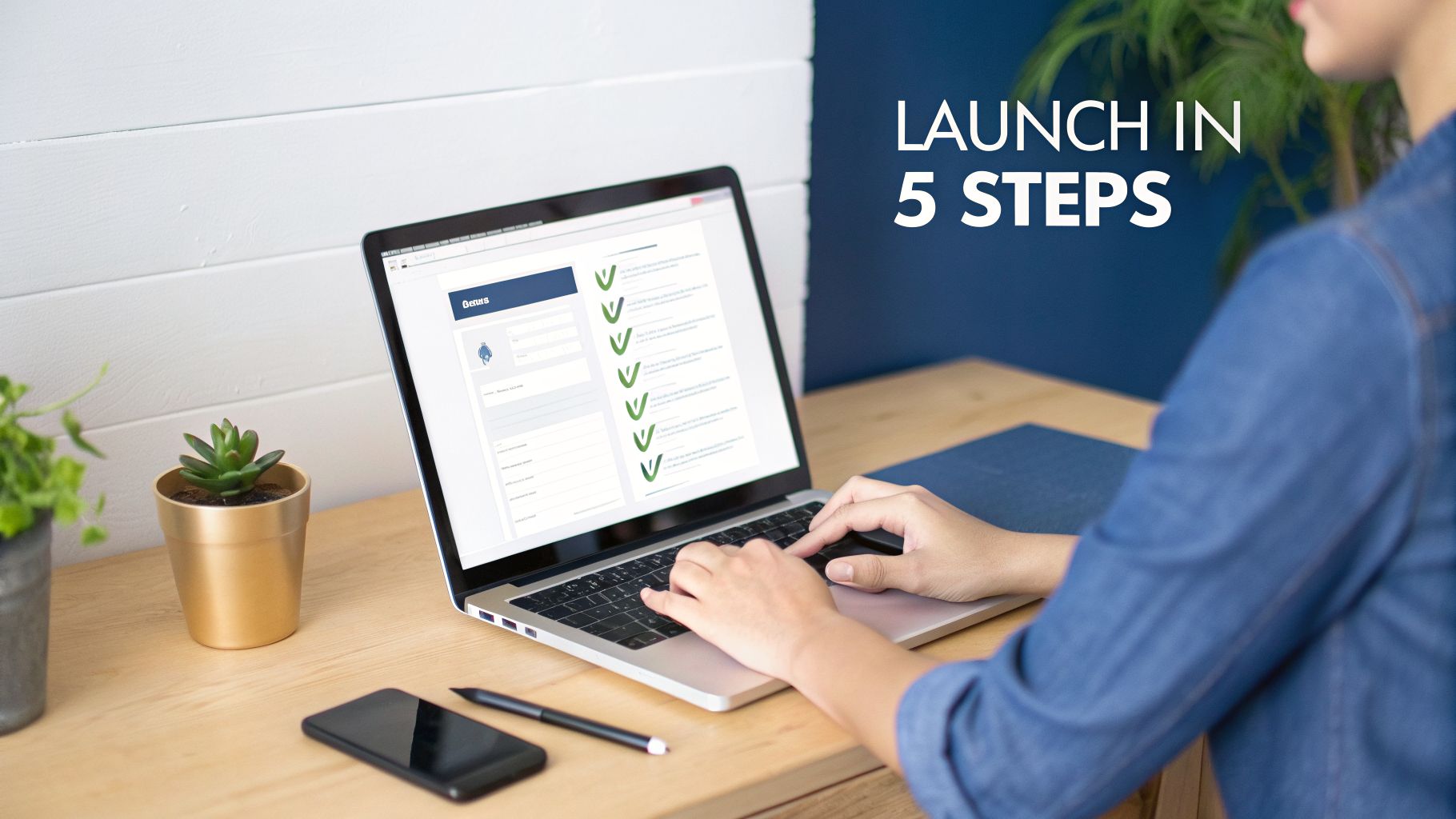 A person types on a laptop showing a web page with 'LAUNCH IN 5 STEPS' and a checklist.