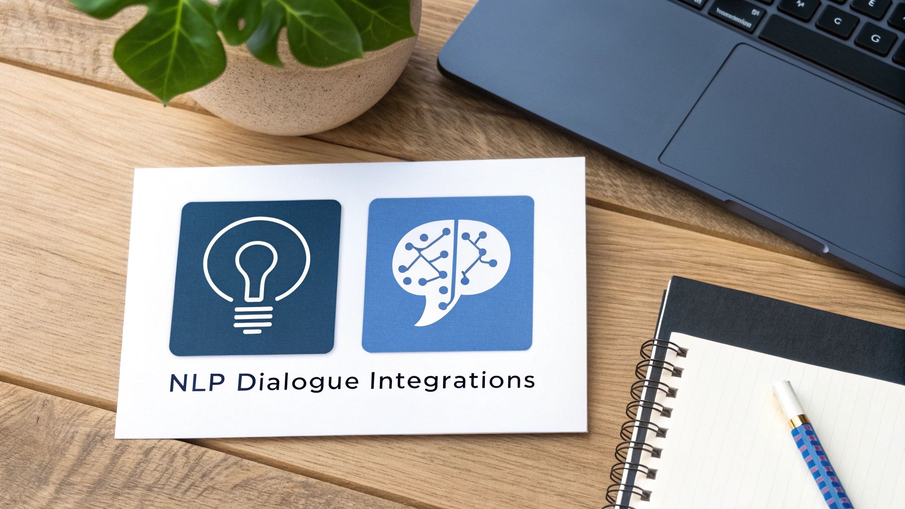 Close-up of 'NLP Dialogue Integrations' card with lightbulb and brain icons on a work desk.