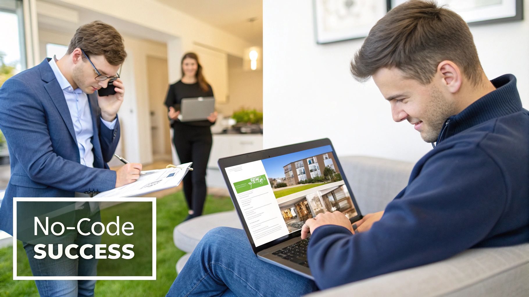 Two business professionals utilizing technology and documents for project success, with a 'No-Code SUCCESS' caption.