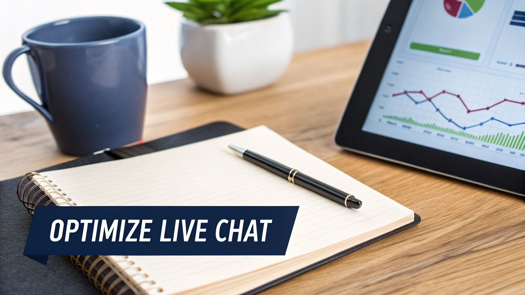 Desk scene with a notebook, pen, coffee mug, plant, and tablet displaying charts, with a banner that says 'Optimize Live Chat'.