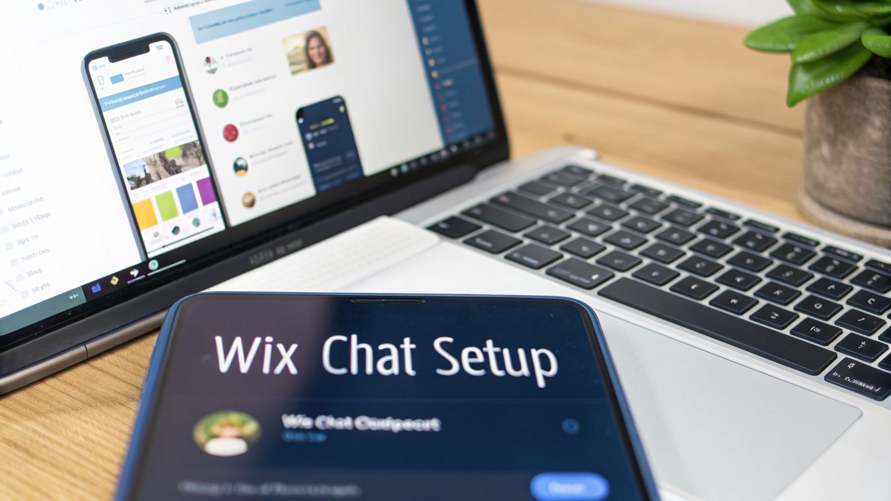 A smartphone displaying 'Wix Chat Setup' with a laptop showing web design in the background.