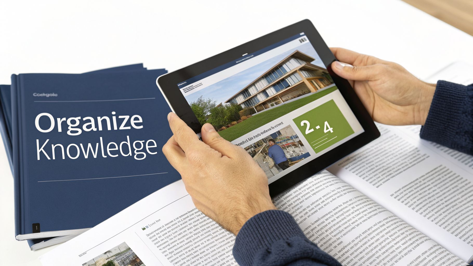 A person holds a tablet displaying a modern building, surrounded by books on knowledge organization.