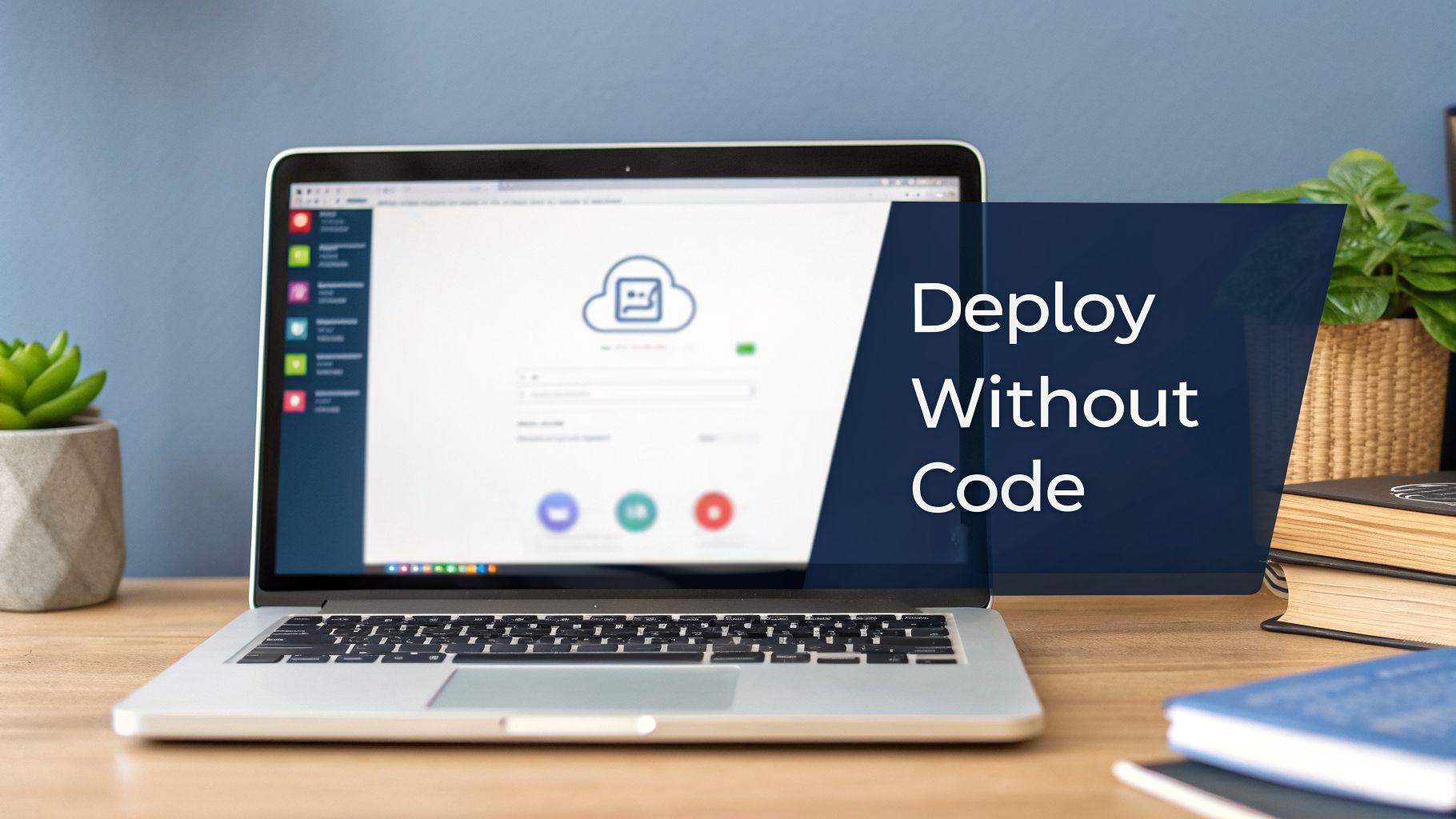 A laptop on a wooden desk displaying a cloud interface with 'Deploy Without Code' text.