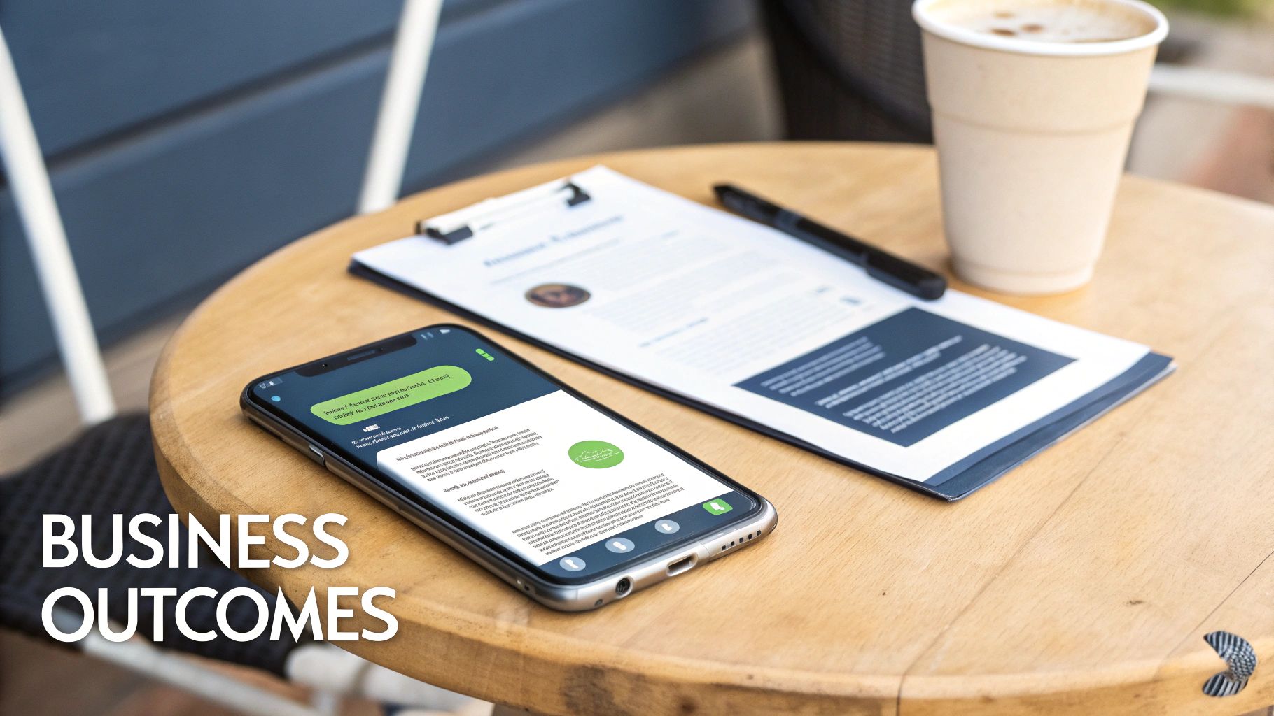 A smartphone displaying a chat interface, business document, pen, and coffee on a wooden table.