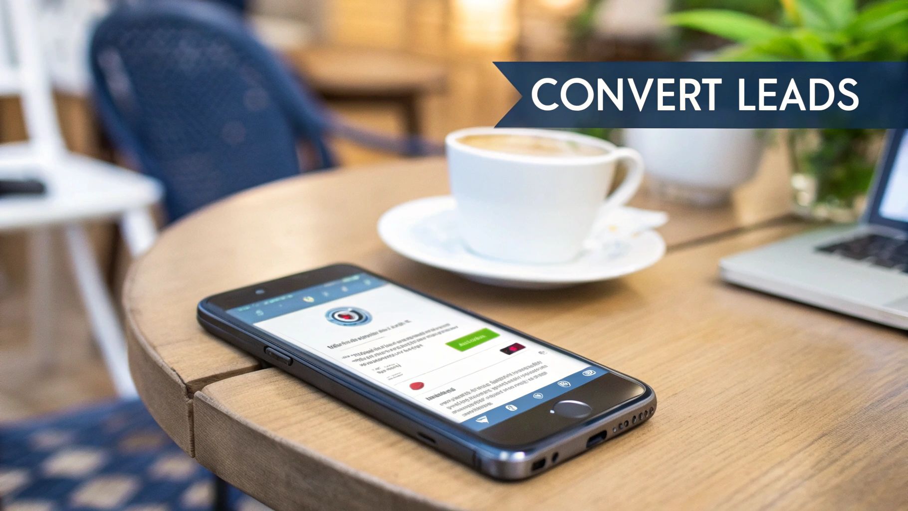 A smartphone displaying an app, a coffee cup, and a laptop on a table with a 'CONVERT LEADS' banner.