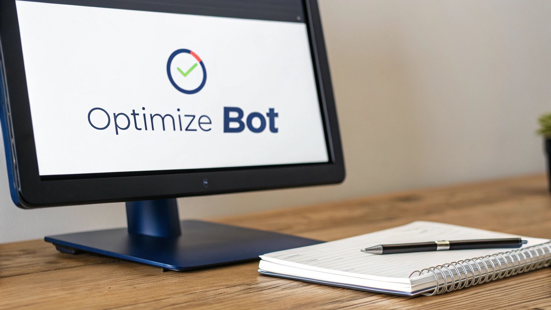 A computer monitor displays 'Optimize Bot' with a checkmark logo on a wooden desk next to a notebook and pen.