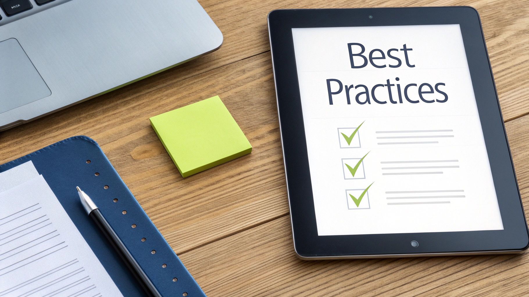 Overhead shot of a wooden desk with a tablet showing 'Best Practices', a laptop, and office supplies.