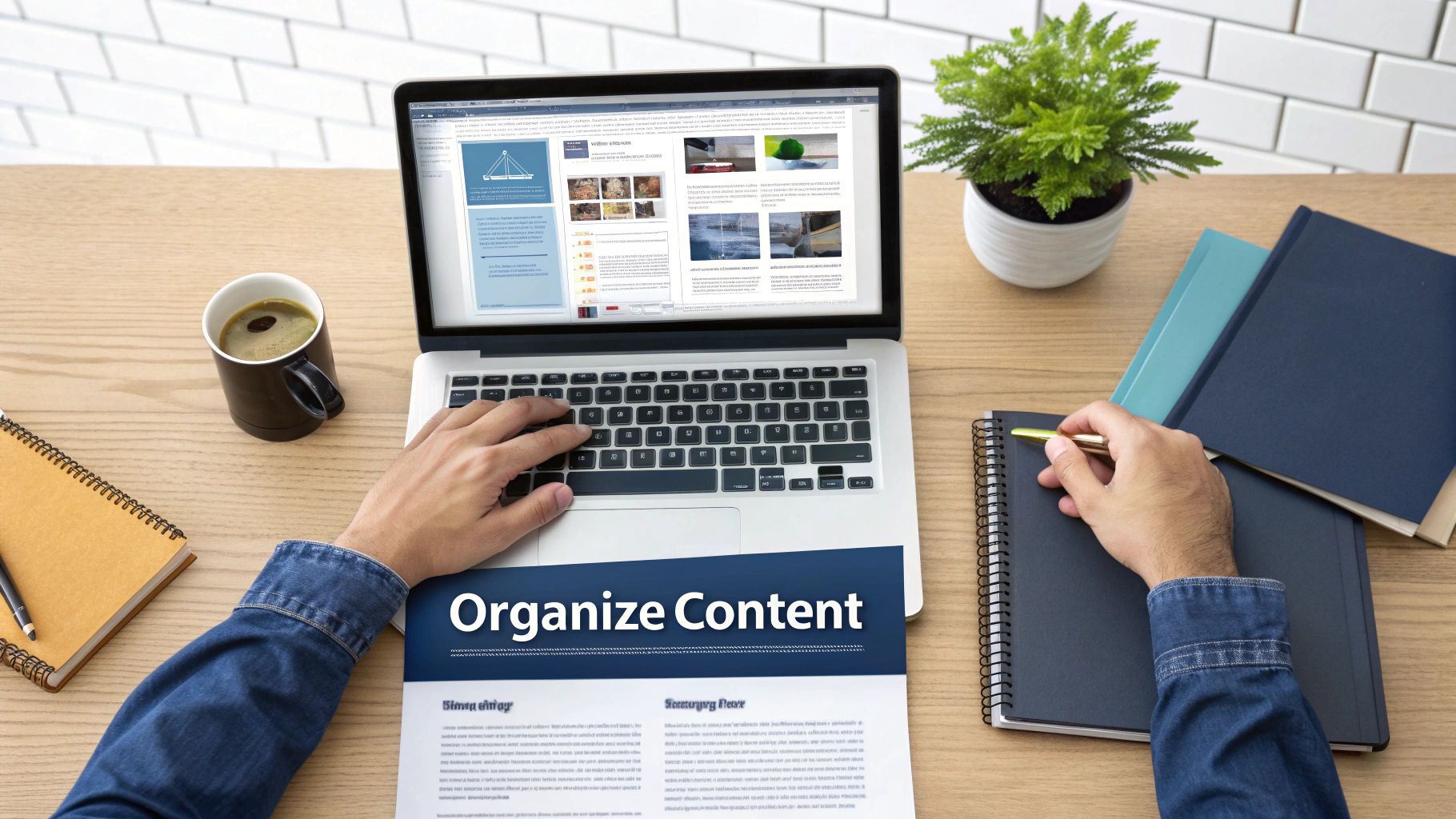Overhead view of a person organizing content on a laptop and taking notes at a wooden desk.