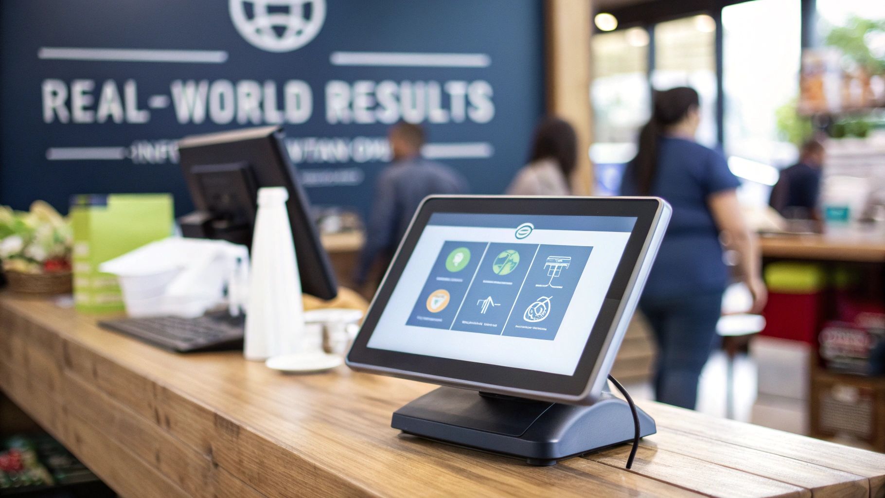 A modern touchscreen display on a wooden counter in a store or service center.