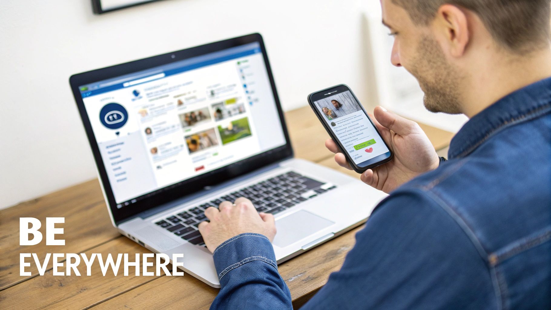 A man uses a laptop and smartphone simultaneously, showcasing multi-device digital presence with an app.