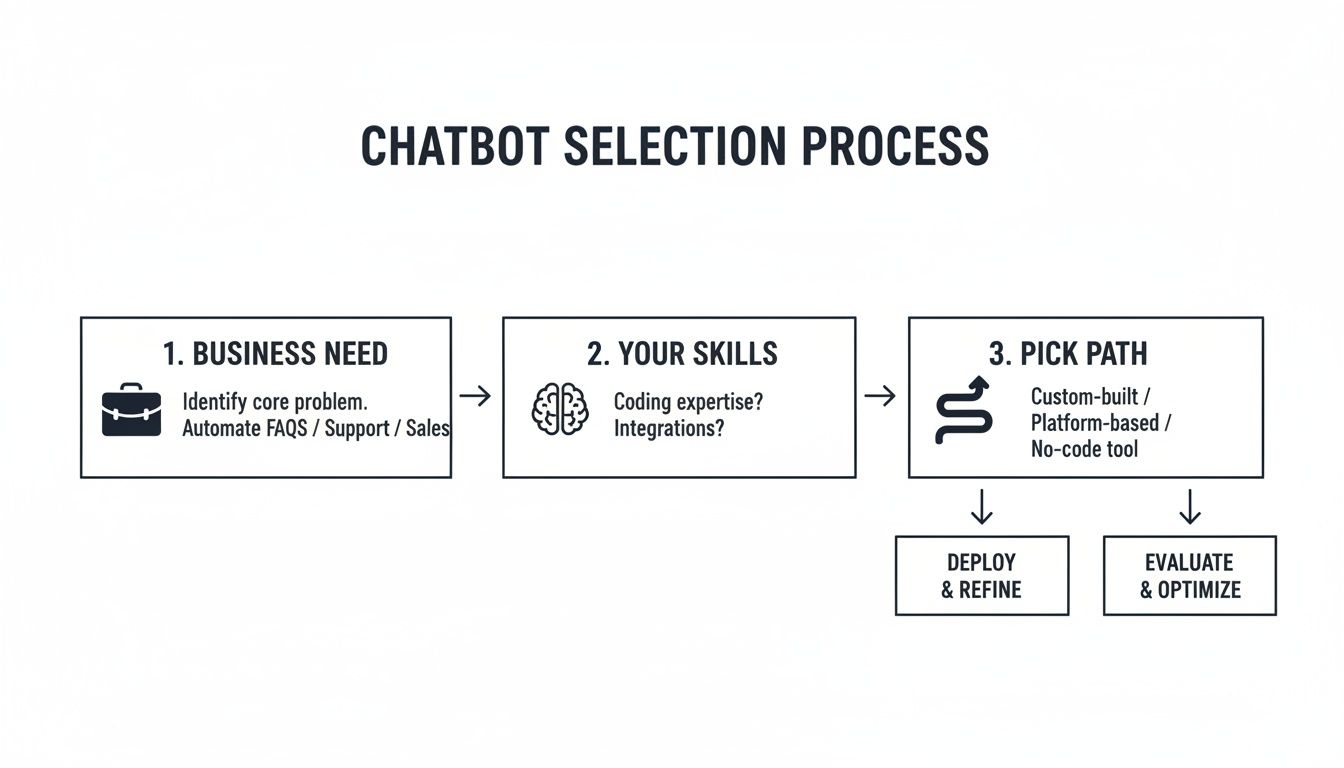 A flowchart detailing the chatbot selection process, from business needs to deployment and optimization.