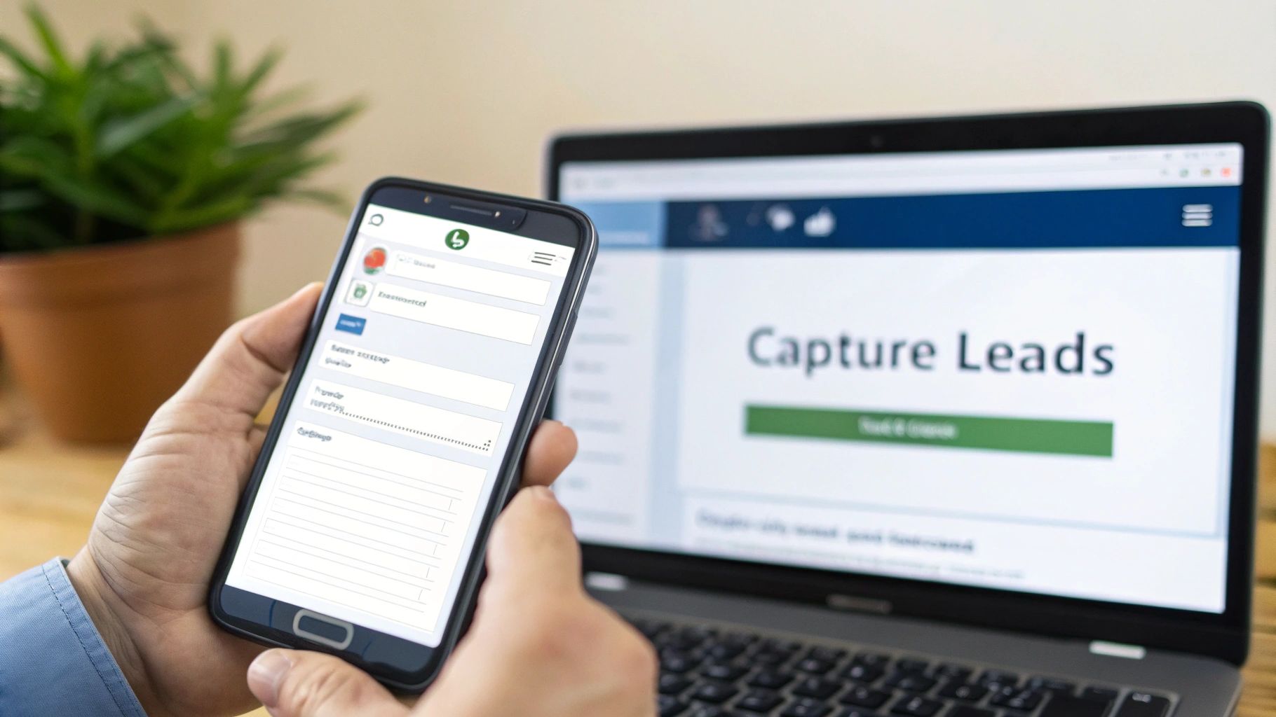 Person holding a smartphone displaying a form, with a laptop in the background showing a 'Capture Leads' webpage.