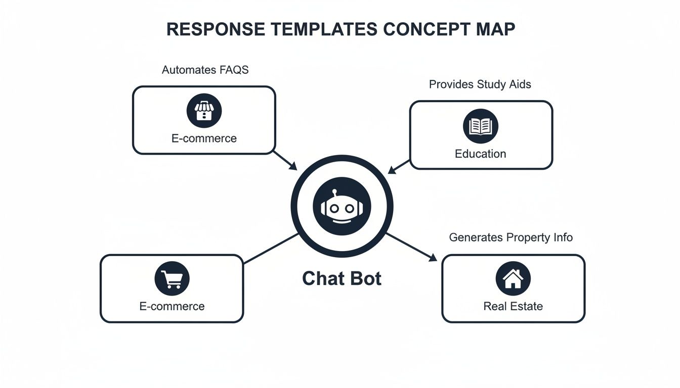 Concept map illustrates chatbot applications in e-commerce, education, and real estate for various functions.