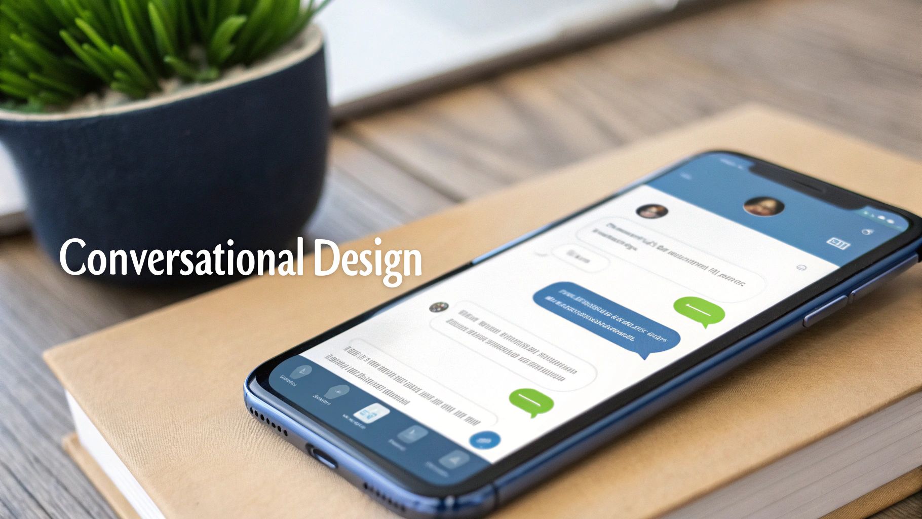A smartphone on a book displays a chat interface, with 'Conversational Design' overlaid, next to a potted plant.