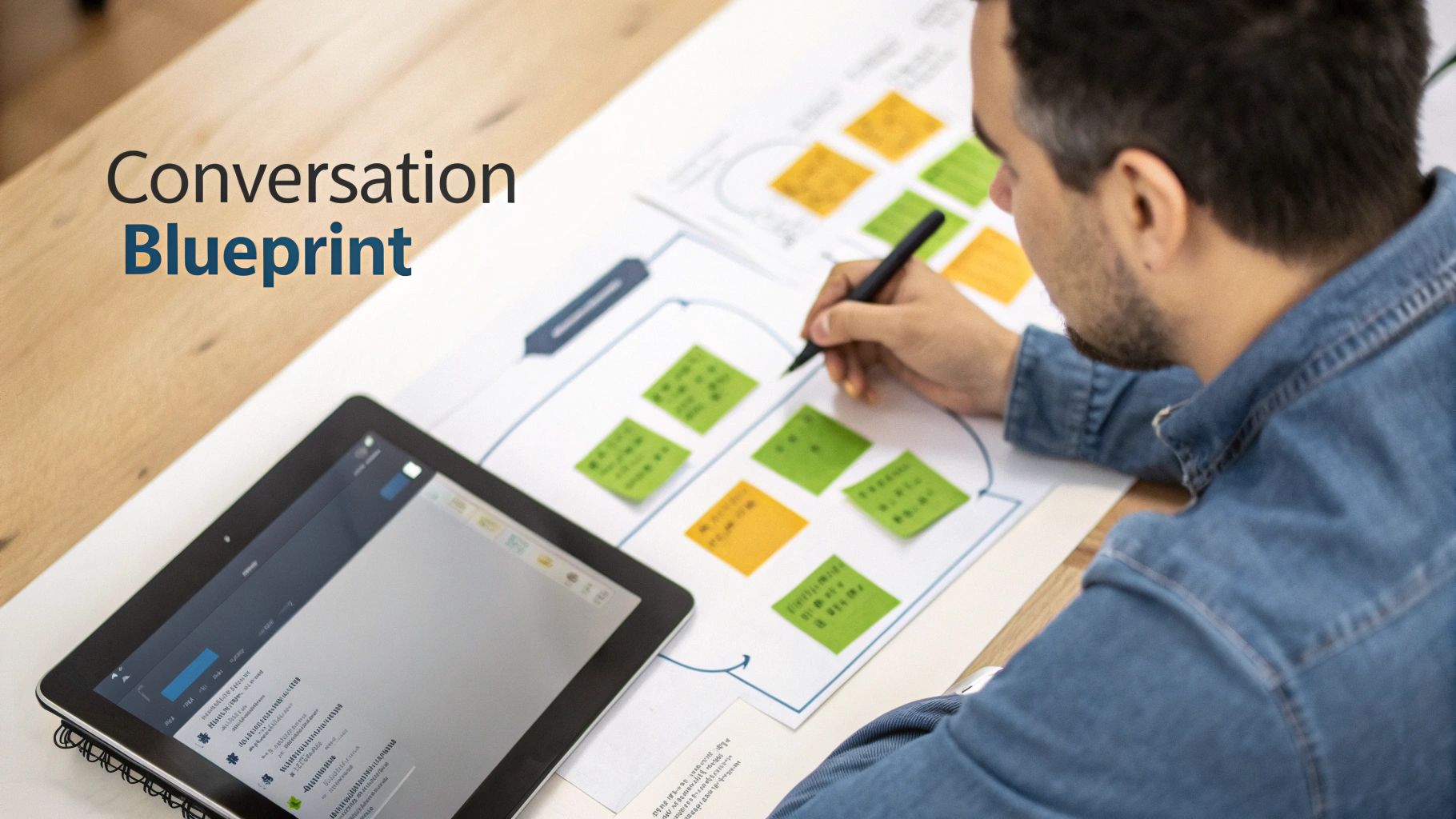 A person plans a conversation blueprint with colorful sticky notes and a digital tablet.