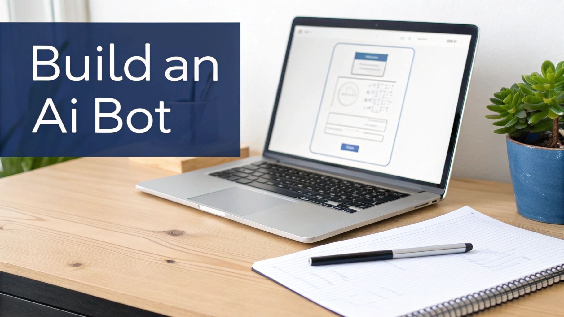 Laptop on a wooden desk with 'Build an Ai Bot' overlay, showing a UI, notebook, and plant.